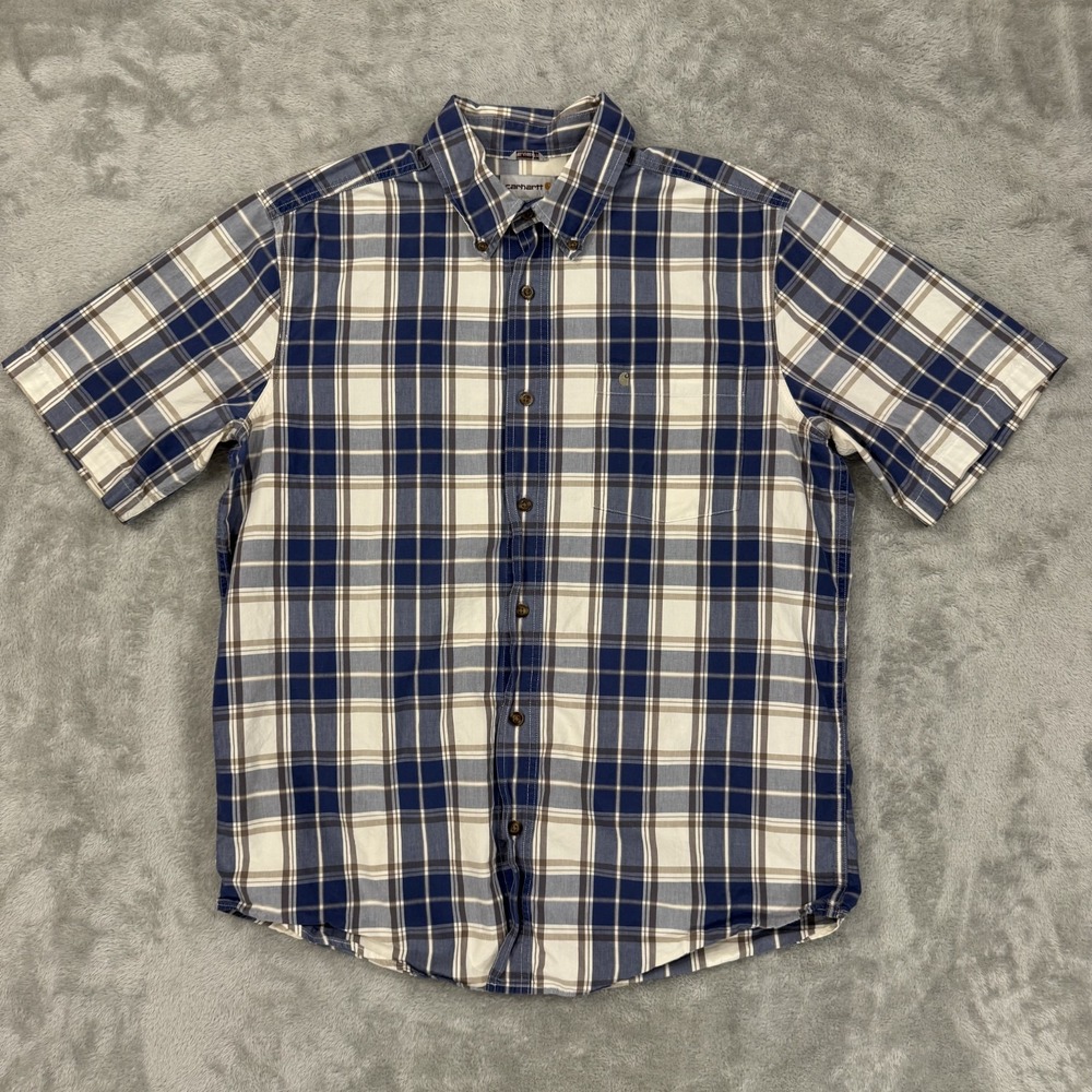 Carhartt Shirt Mens Large Blue Beige Plaid Button Down Chest Pocket Work Utility